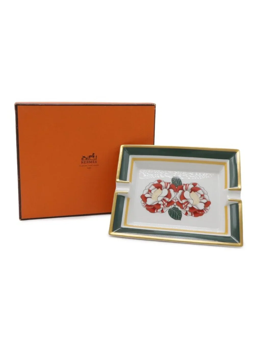 Hermes Ashtray Tray Case Floral Pattern Camellia Ceramic White Red Green Yellow